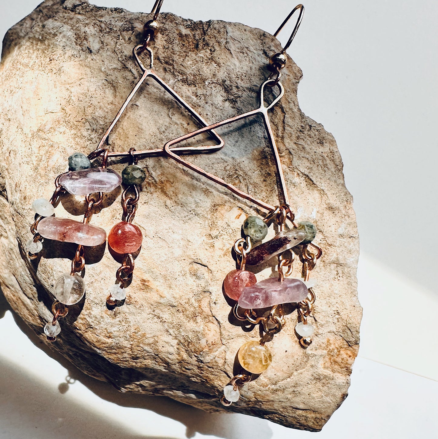 Copper Triangle Dangle Earrings | Tourmaline, Clear Topaz & Super Seven Gemstone Earrings