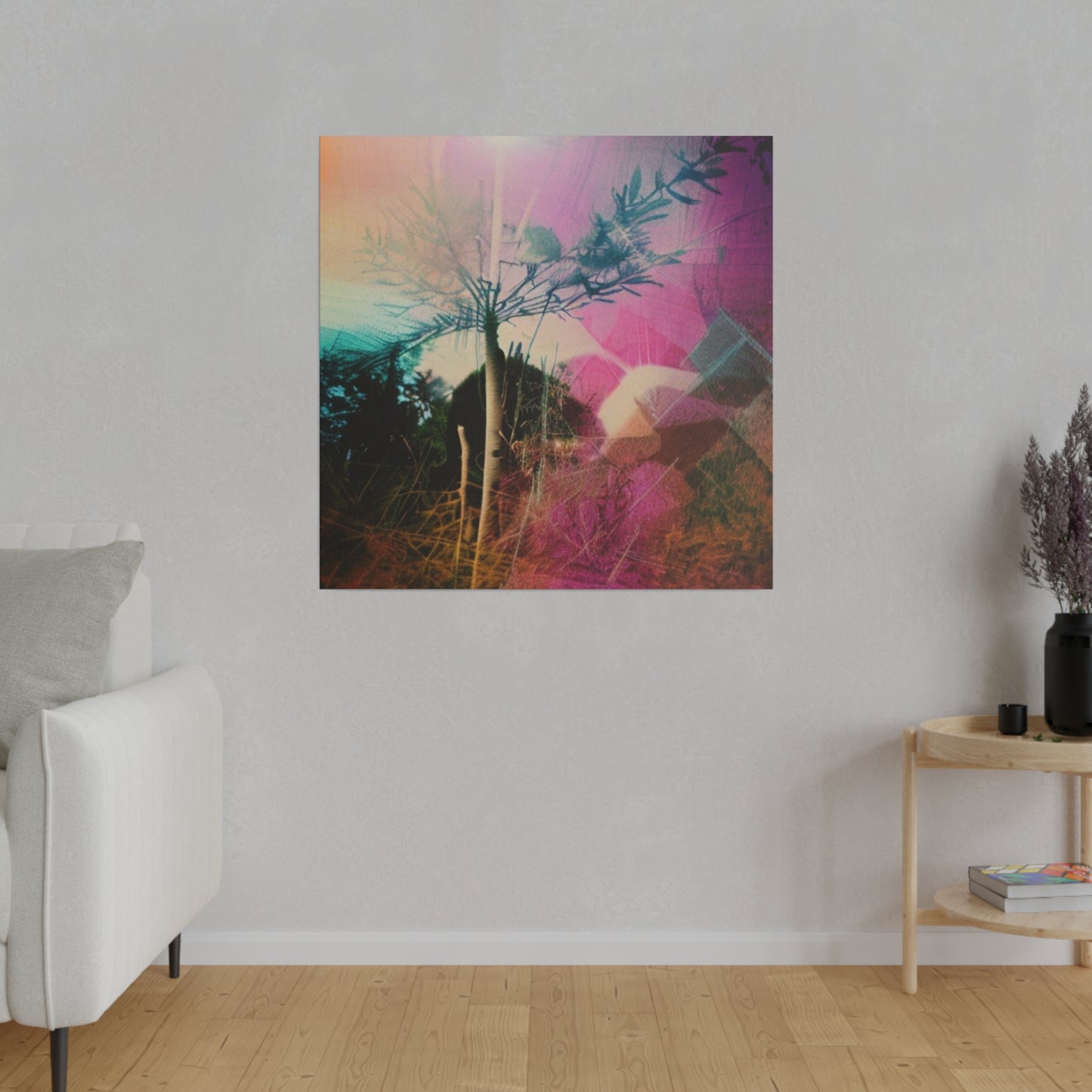 Neon Pink and Green Plant Abstract Dreamscape Wall Art on Matte Canvas