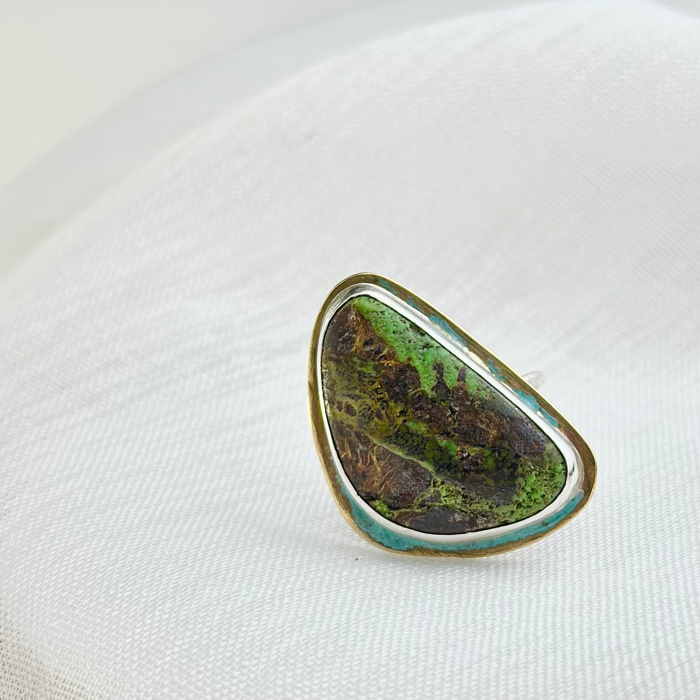 Handcrafted Green Turquoise and Sterling Silver Statement Ring with Organic Asymmetrical Design