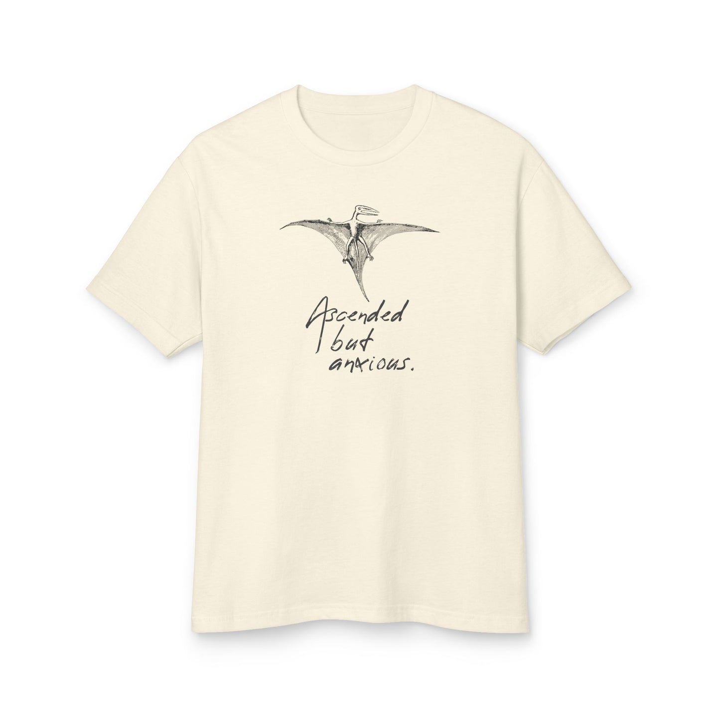 Ascended but Anxious” Unisex Heavyweight Cotton Graphic Tee | Spiritual Existential T-Shirt