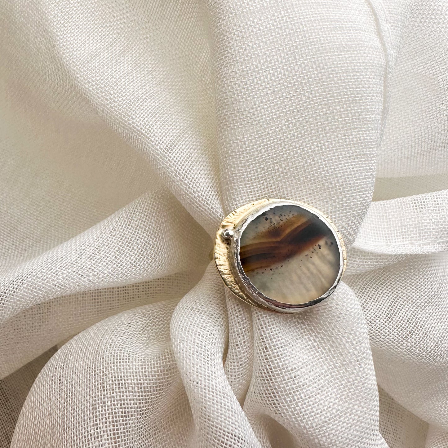 Echoes of Earth– Montana Dendritic Agate Coin Ring (Size 7)