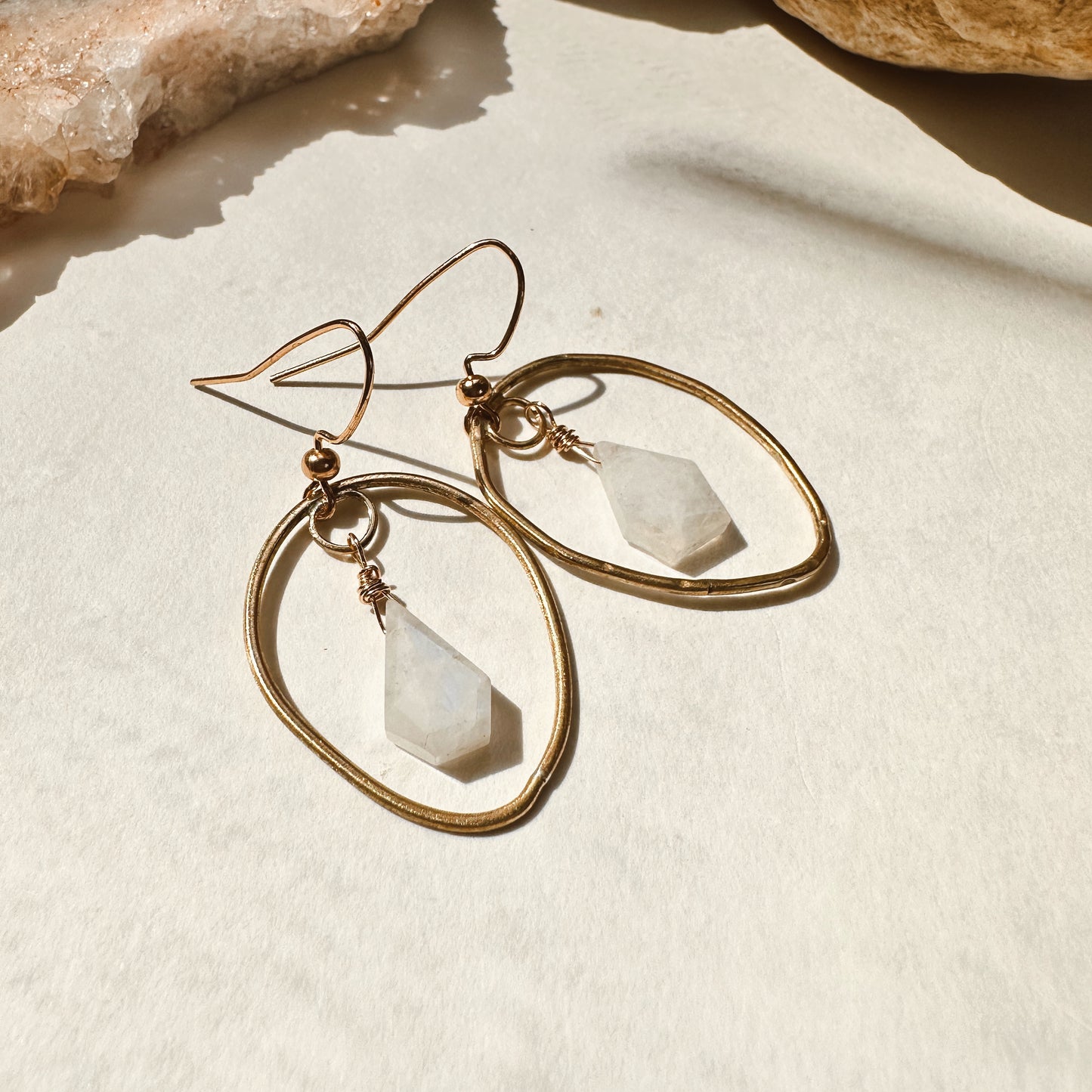 Celestara Luminara Hoops | Hand-Forged Brass Earrings with Flashy Moonstone