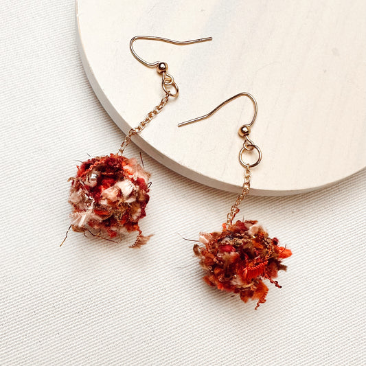 Handmade Textile Drop Earrings – Boho Fabric Ball Statement Earrings