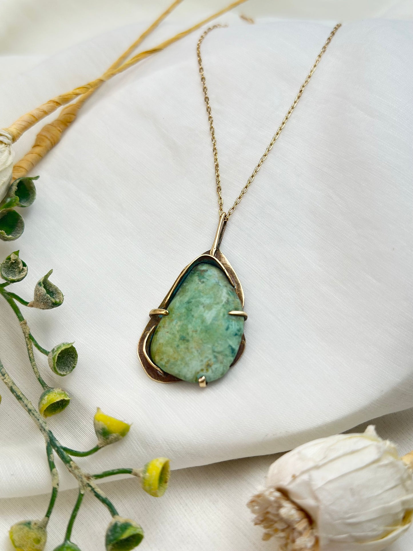 Seafoam Memory– Handcrafted Chrysoprase & Brass Pendant Necklace