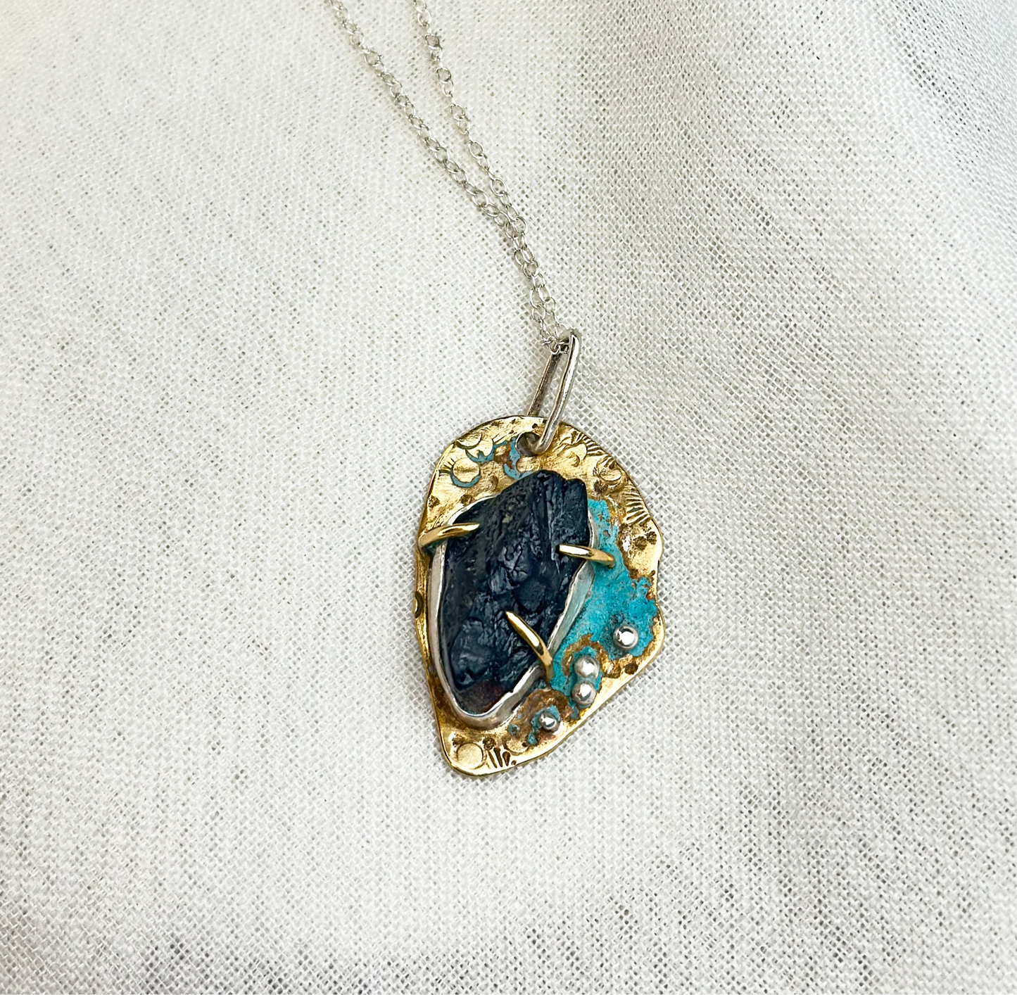 Eclipse Relic Pendant – Black Tourmaline & Verdigris Brass Necklace