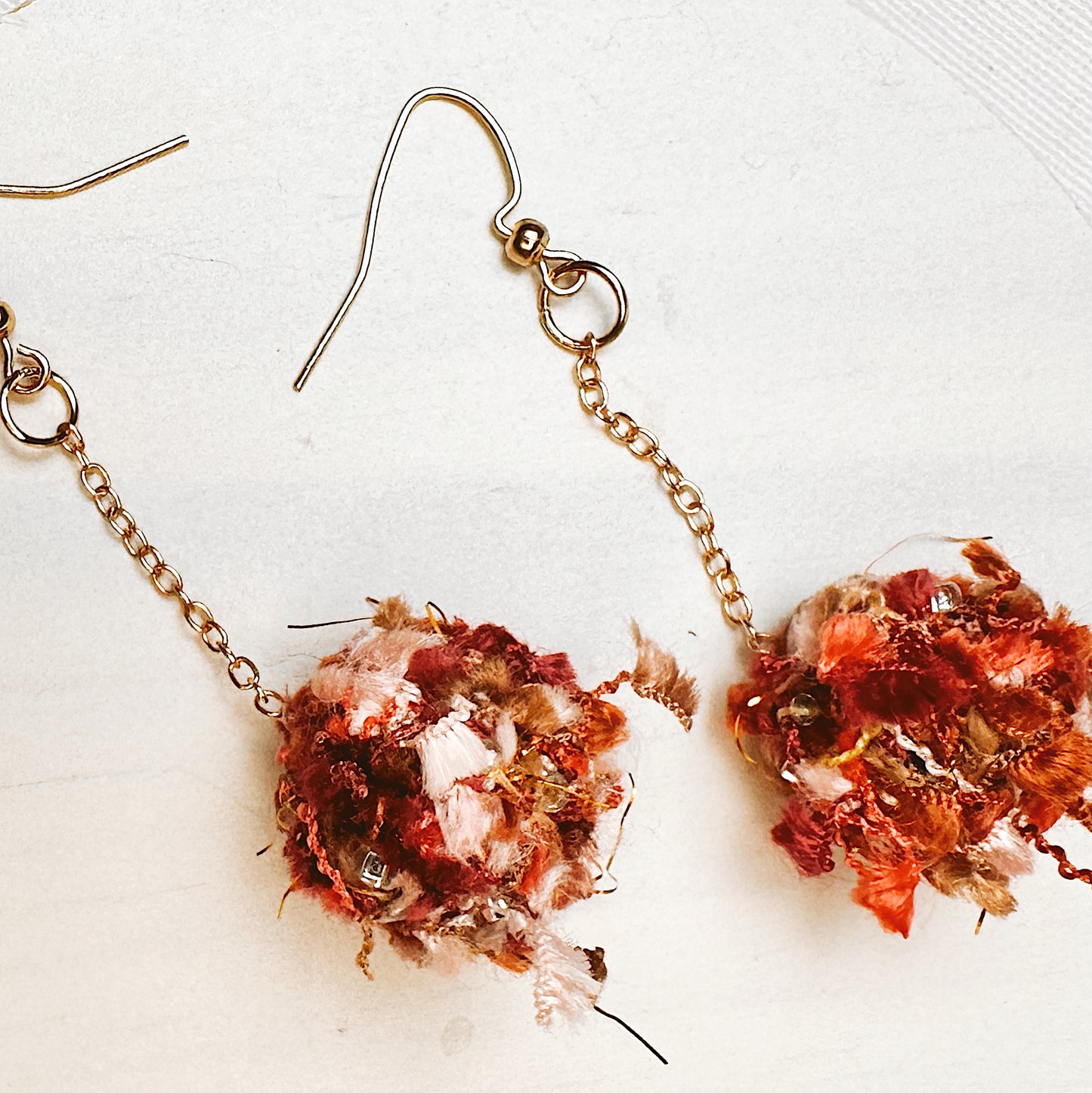 Handmade Textile Drop Earrings – Boho Fabric Ball Statement Earrings