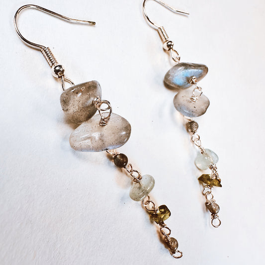 Celestial Cascade Earrings |Labradorite, Aquamarine & Peridot in Sterling Silver