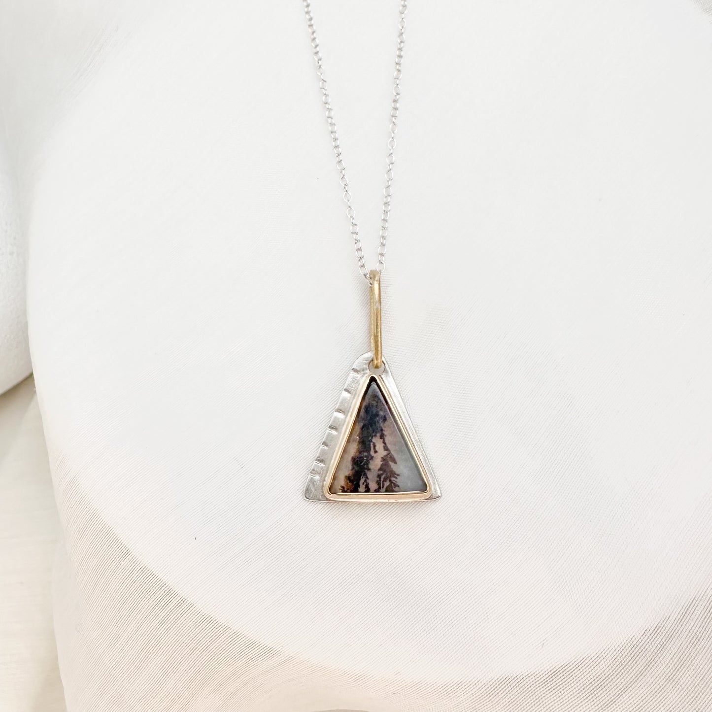 Eclipse Dendritic Agate Triangle Necklace – Mixed Metal Artisan Jewelry