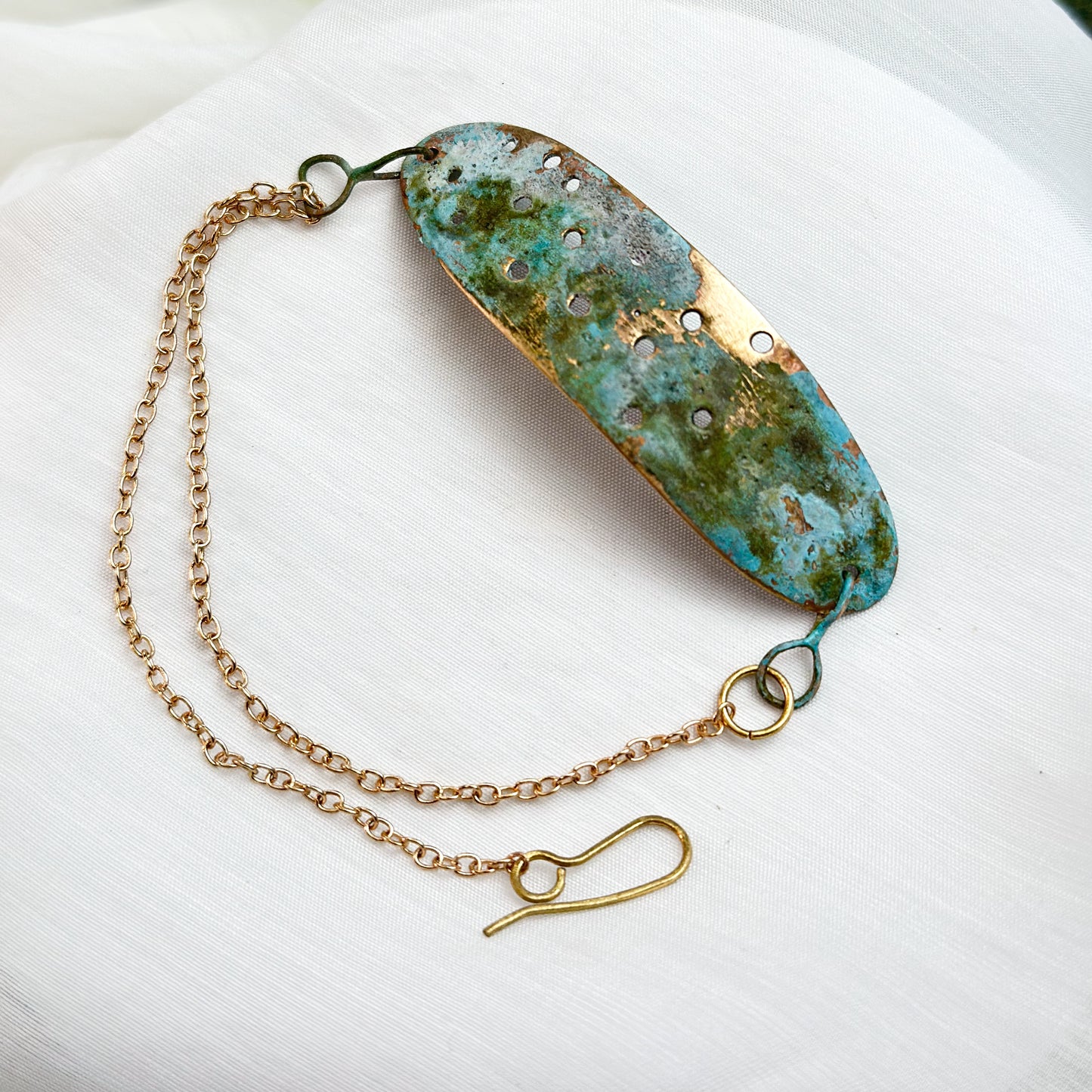Verdigris Horizon Cuff Bracelet – Patina Brass & Gold Handmade Jewelry