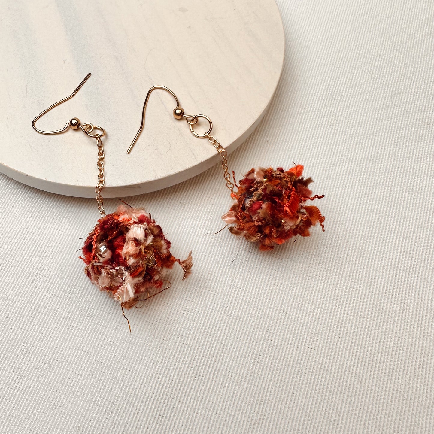 Handmade Textile Drop Earrings – Boho Fabric Ball Statement Earrings