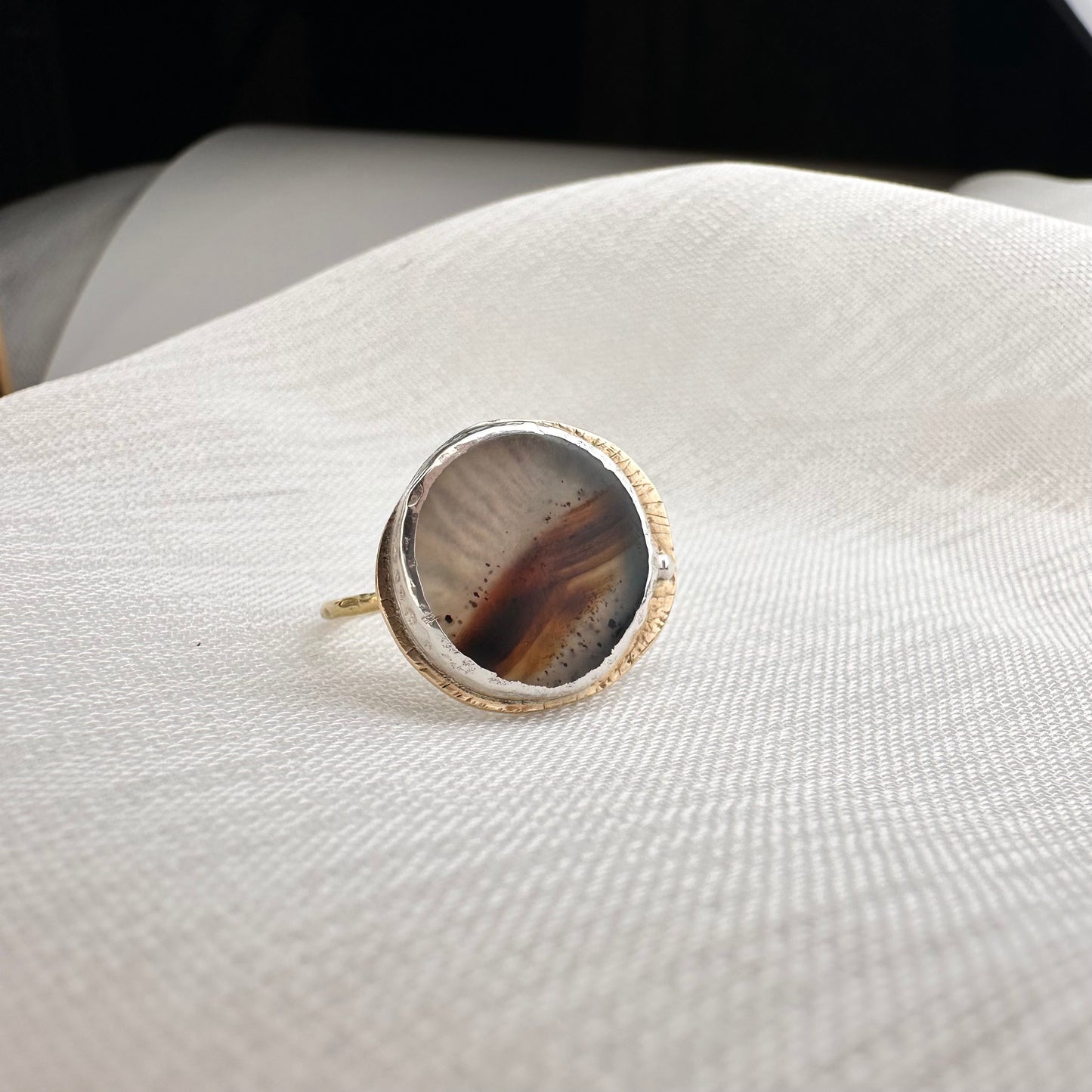 Echoes of Earth– Montana Dendritic Agate Coin Ring (Size 7)