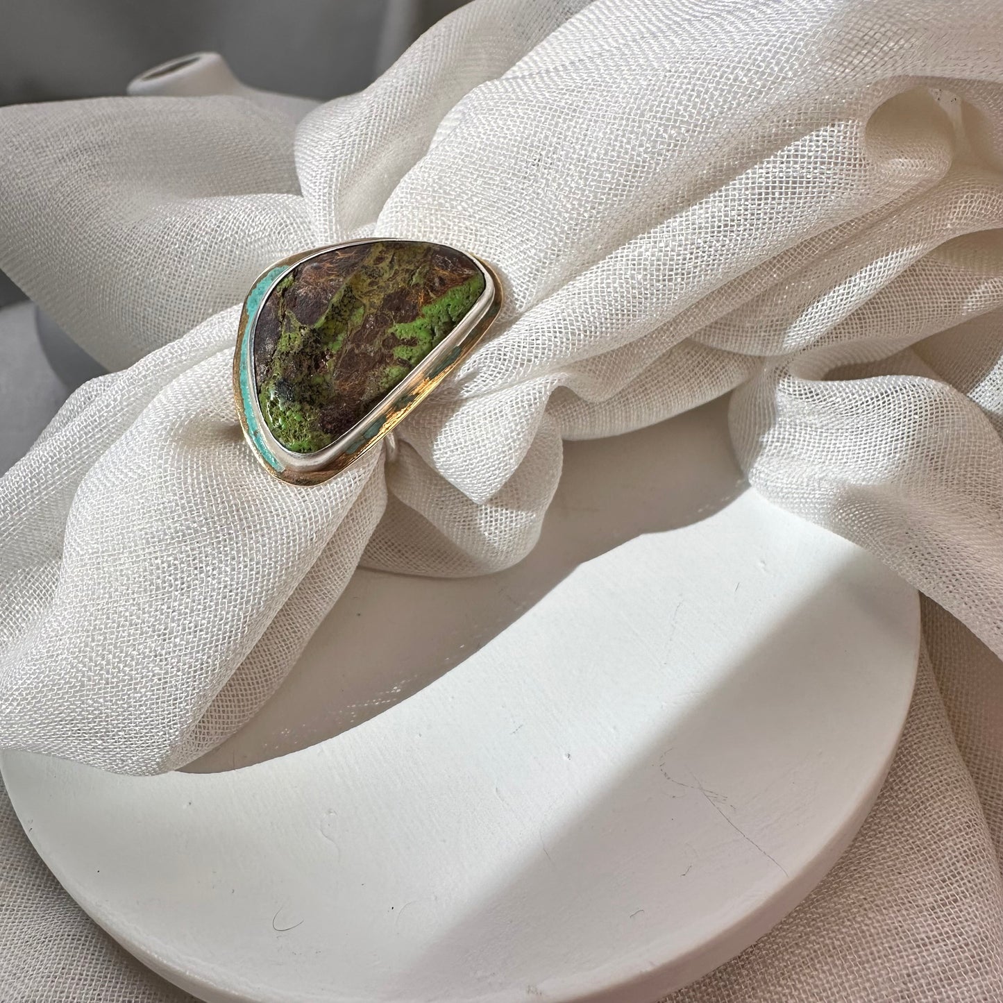 Handcrafted Green Turquoise and Sterling Silver Statement Ring with Organic Asymmetrical Design