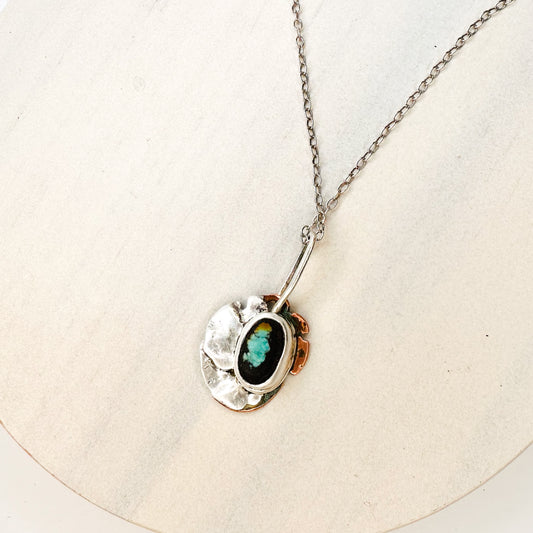 Ember Bloom– Handcrafted Sterling Silver, Copper & Hubei Turquoise Pendant Necklace