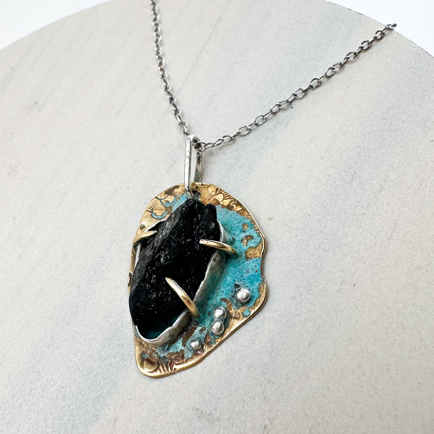 Eclipse Relic Pendant – Black Tourmaline & Verdigris Brass Necklace