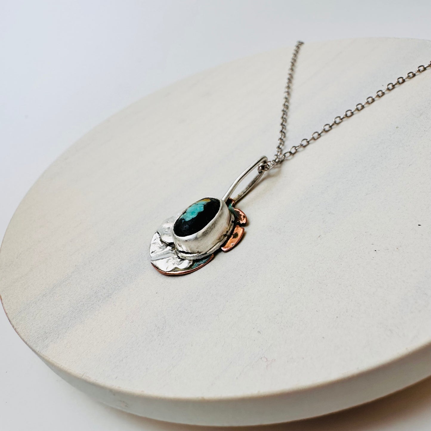 Ember Bloom– Handcrafted Sterling Silver, Copper & Hubei Turquoise Pendant Necklace