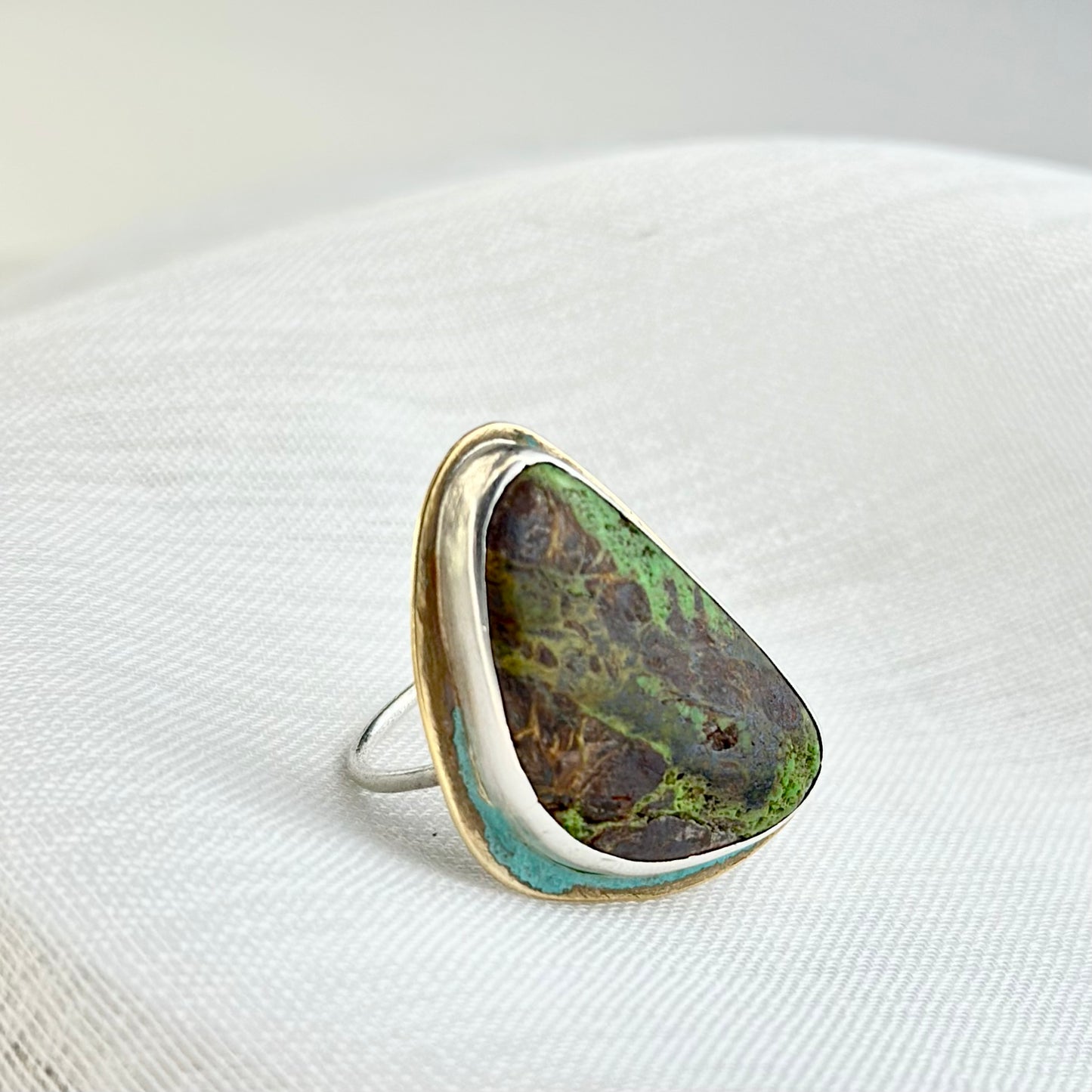 Handcrafted Green Turquoise and Sterling Silver Statement Ring with Organic Asymmetrical Design
