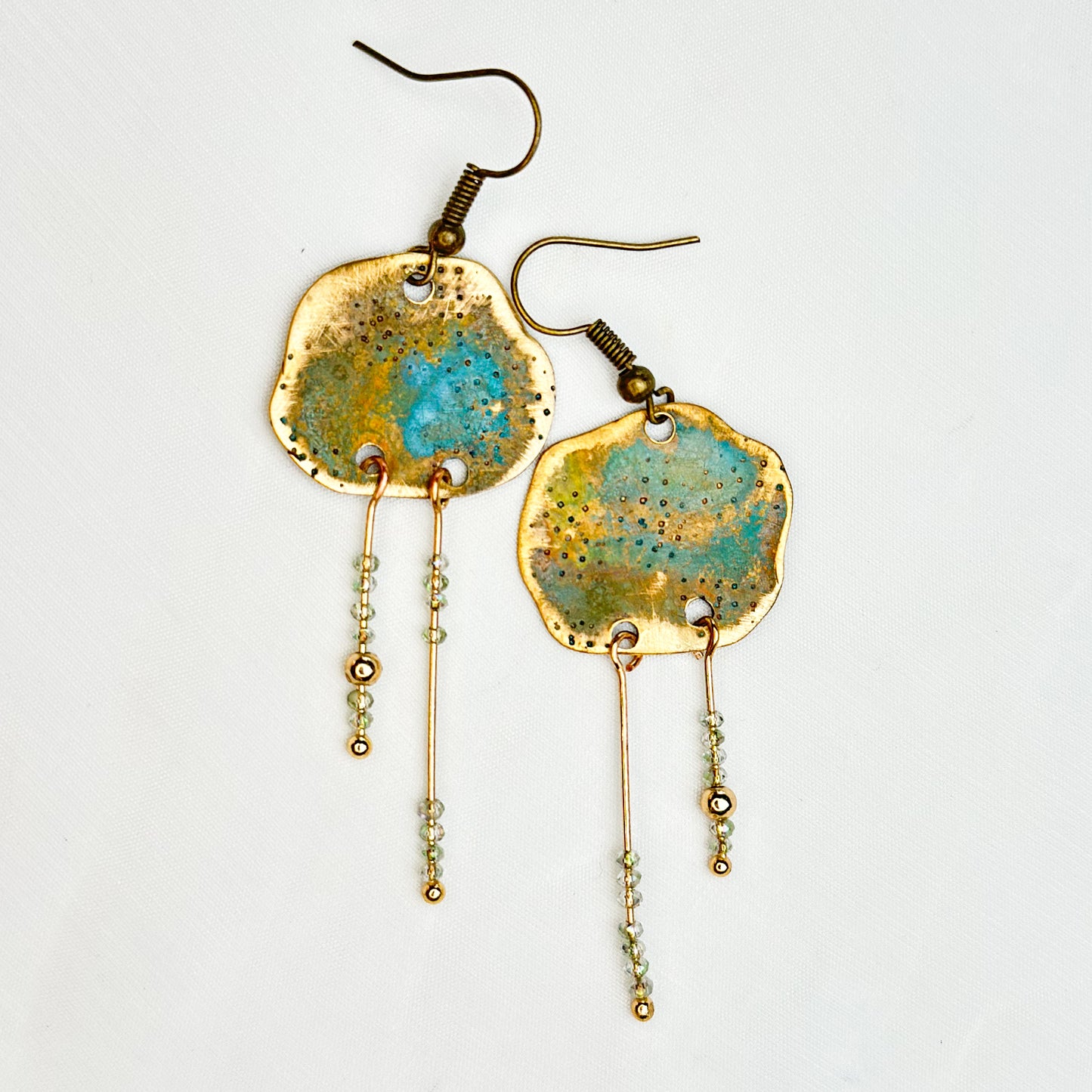 Tideglass Drifters– Handcrafted Patina Brass & Crystal Dangle Earrings