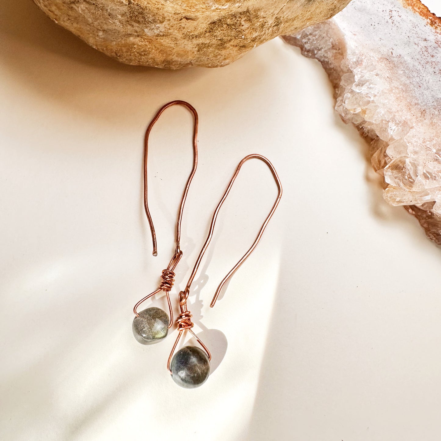 Celestara Hand Forged Copper Labradorite Coin Drop Threader Earrings| Iridescent Dangle with High-Grade Labradorite Bead