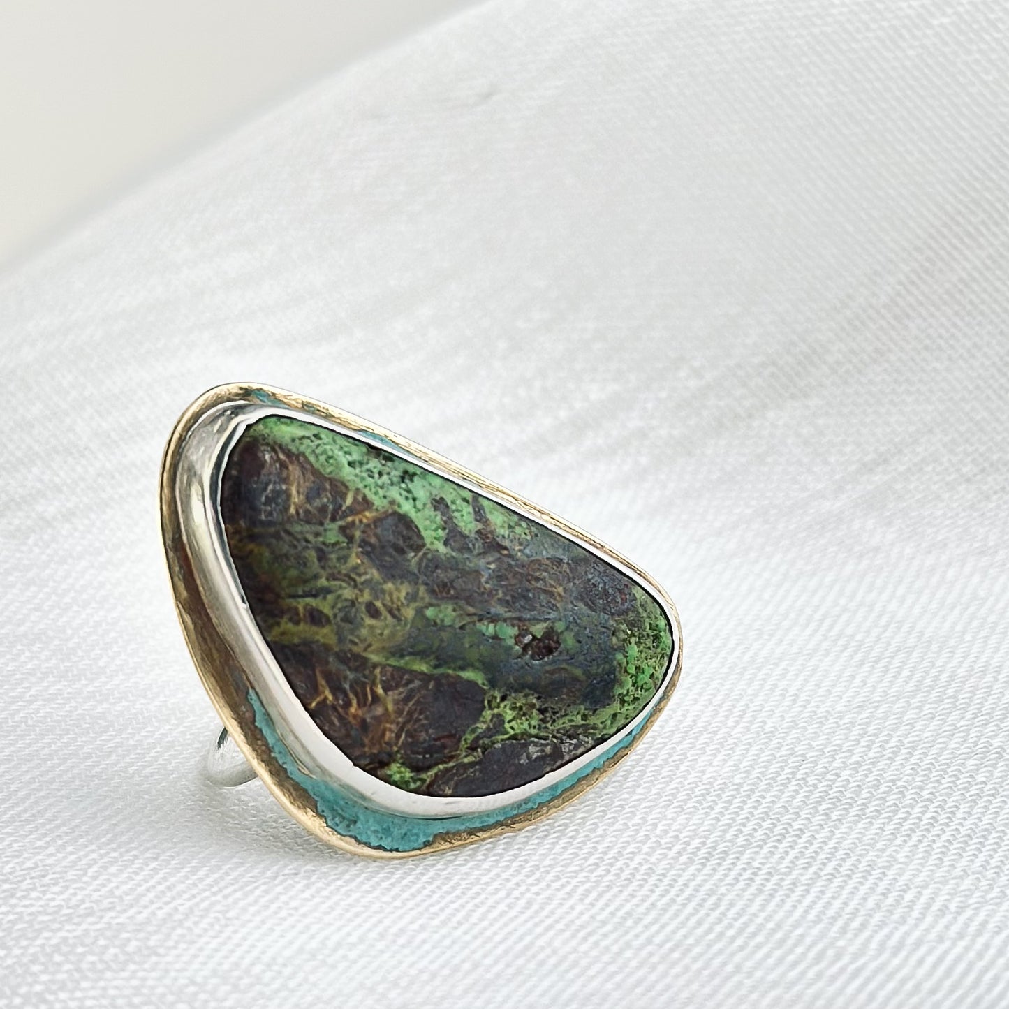 Handcrafted Green Turquoise and Sterling Silver Statement Ring with Organic Asymmetrical Design