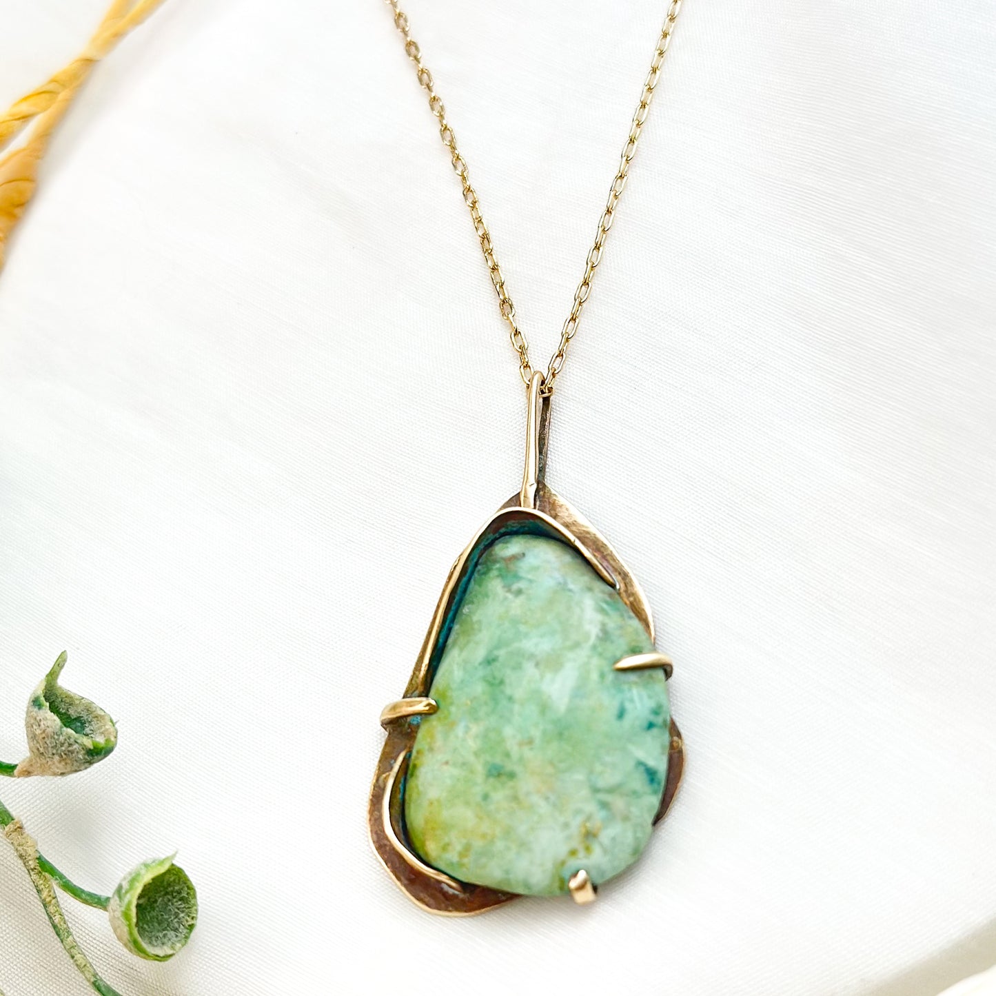 Seafoam Memory– Handcrafted Chrysoprase & Brass Pendant Necklace