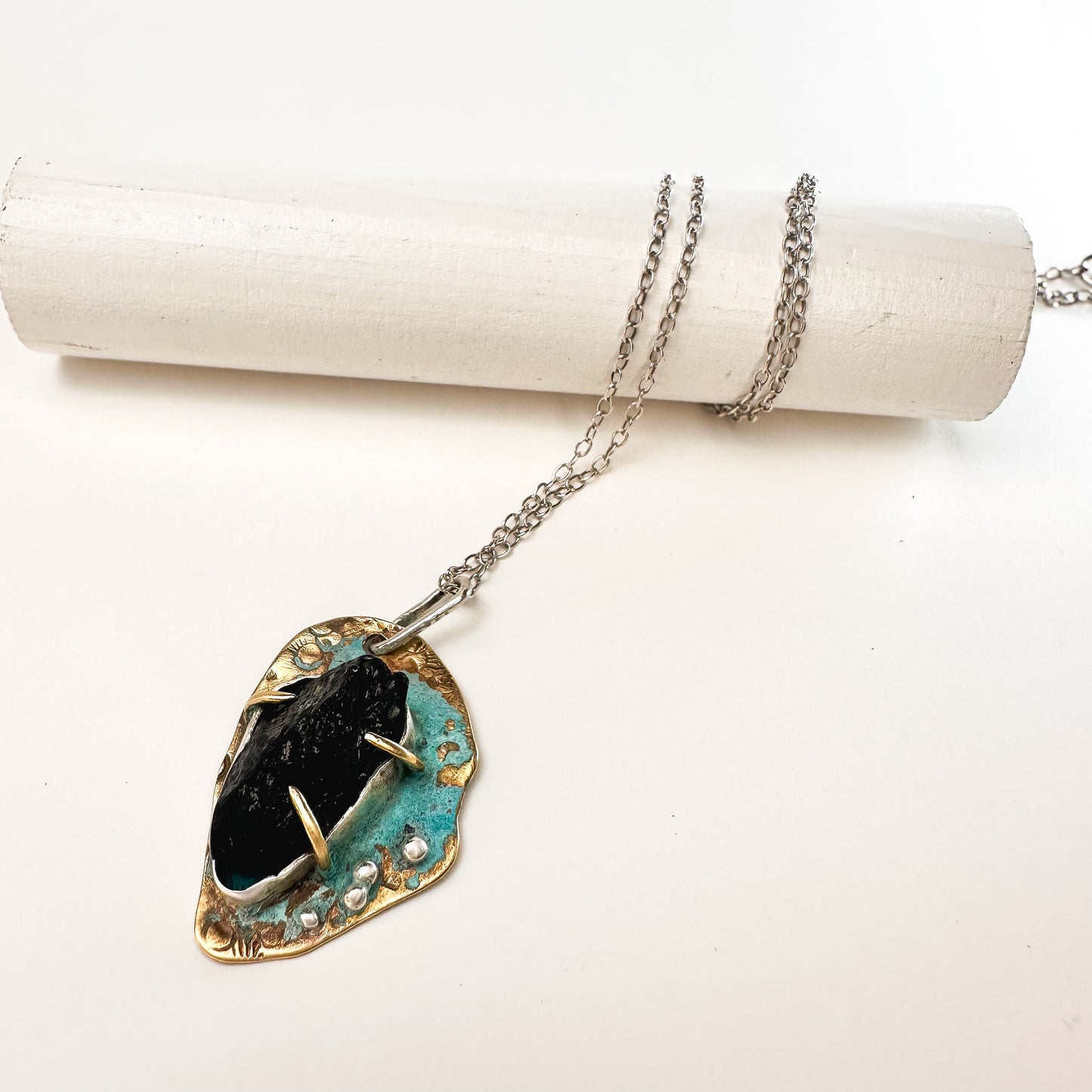 Eclipse Relic Pendant – Black Tourmaline & Verdigris Brass Necklace