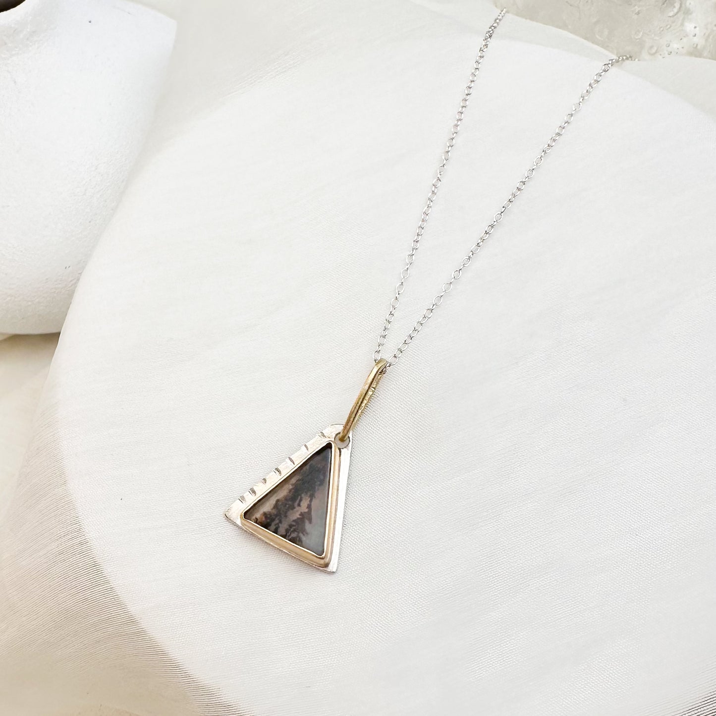 Eclipse Dendritic Agate Triangle Necklace – Mixed Metal Artisan Jewelry