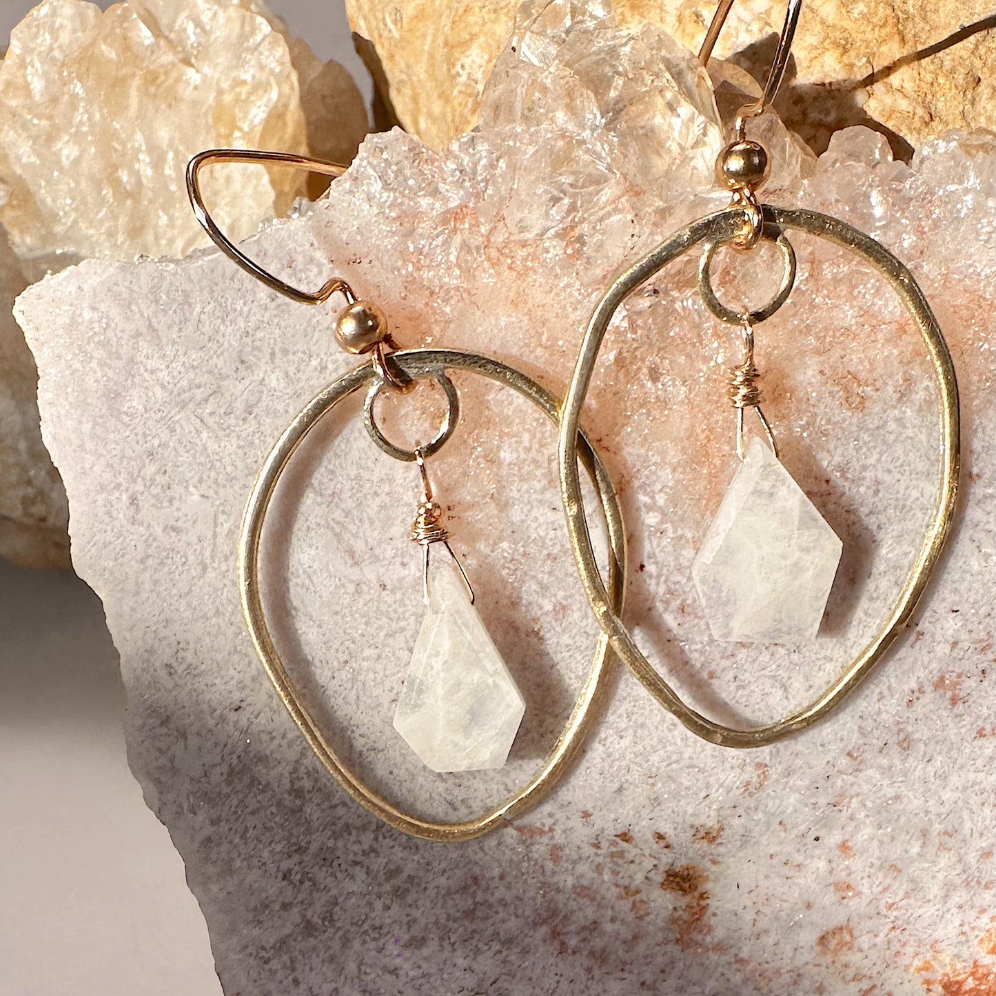 Celestara Luminara Hoops | Hand-Forged Brass Earrings with Flashy Moonstone