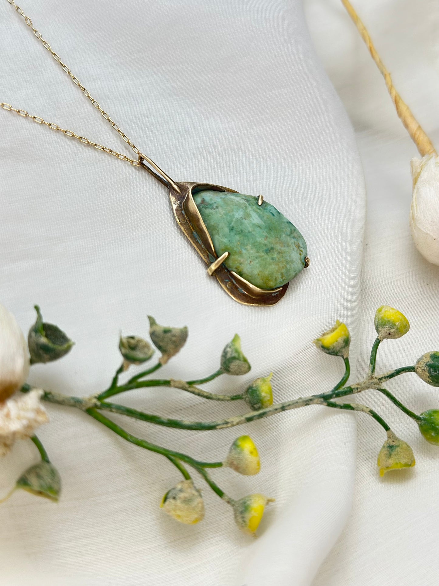 Seafoam Memory– Handcrafted Chrysoprase & Brass Pendant Necklace