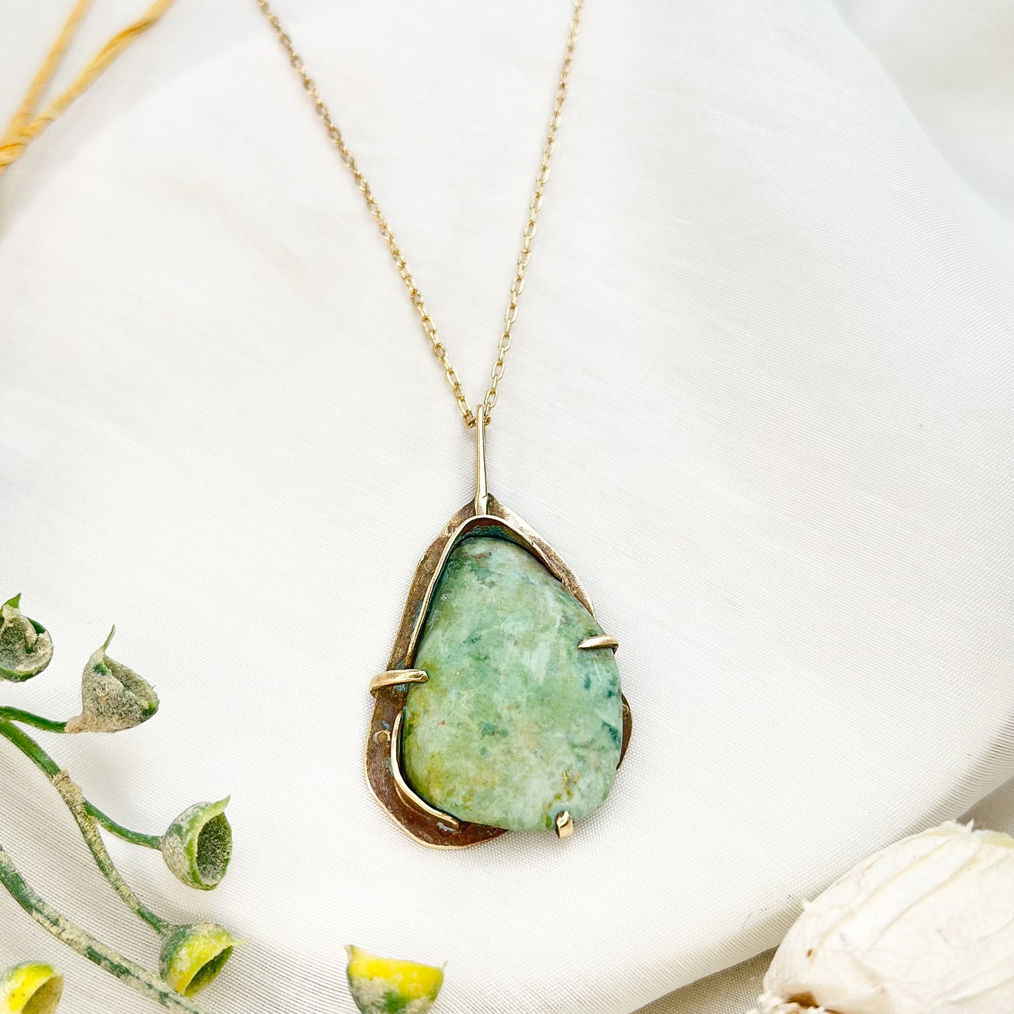 Seafoam Memory– Handcrafted Chrysoprase & Brass Pendant Necklace