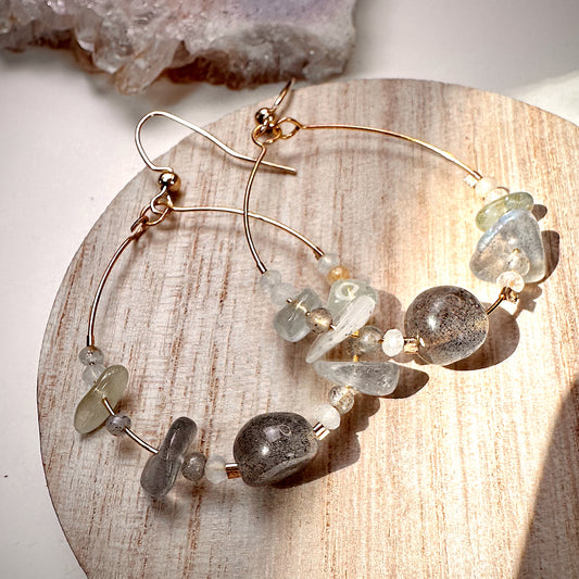 Silver Moondrop Labradorite Hoops |Aquamarine & Clear Topaz