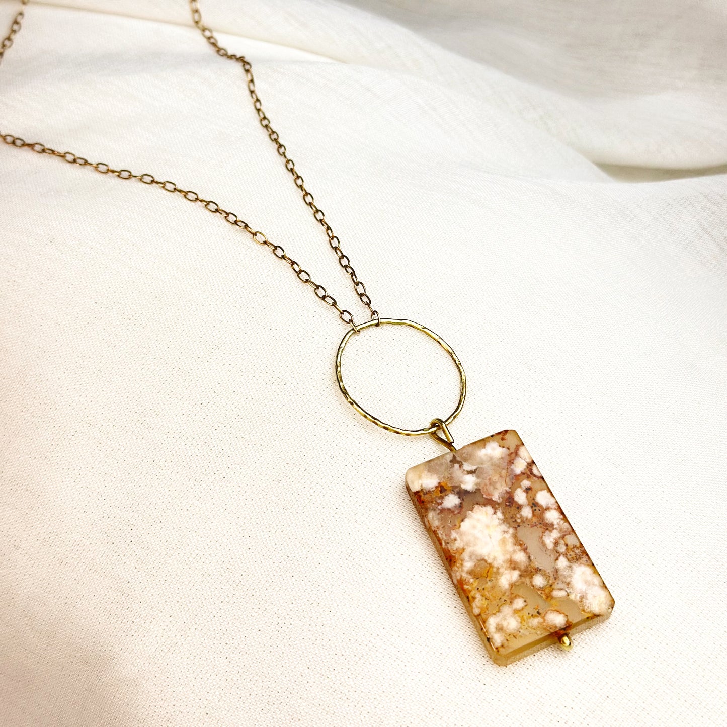 Sakura Bloom Pendant Necklace| One-of-A-Kind Sakura Agate Floral Pendant Necklace in Warm Brass