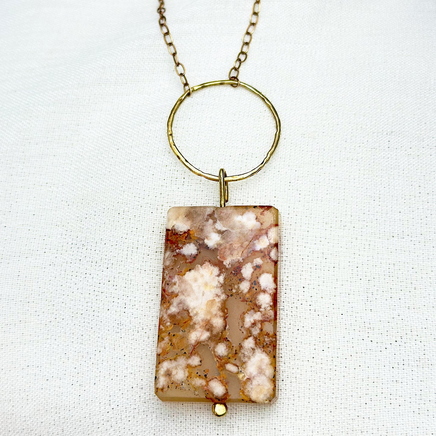 Sakura Bloom Pendant Necklace| One-of-A-Kind Sakura Agate Floral Pendant Necklace in Warm Brass