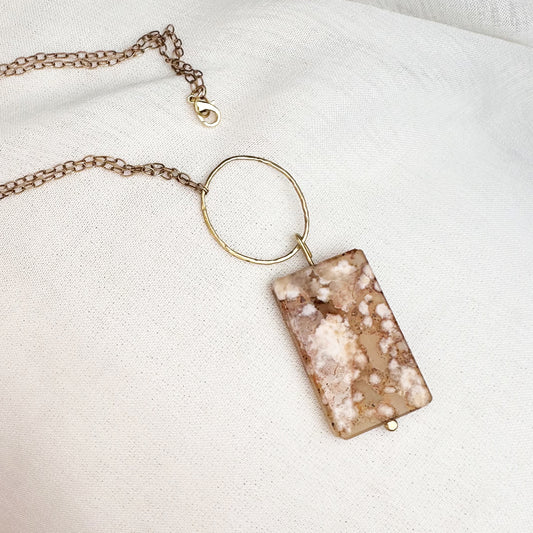 Sakura Bloom Pendant Necklace| One-of-A-Kind Sakura Agate Floral Pendant Necklace in Warm Brass