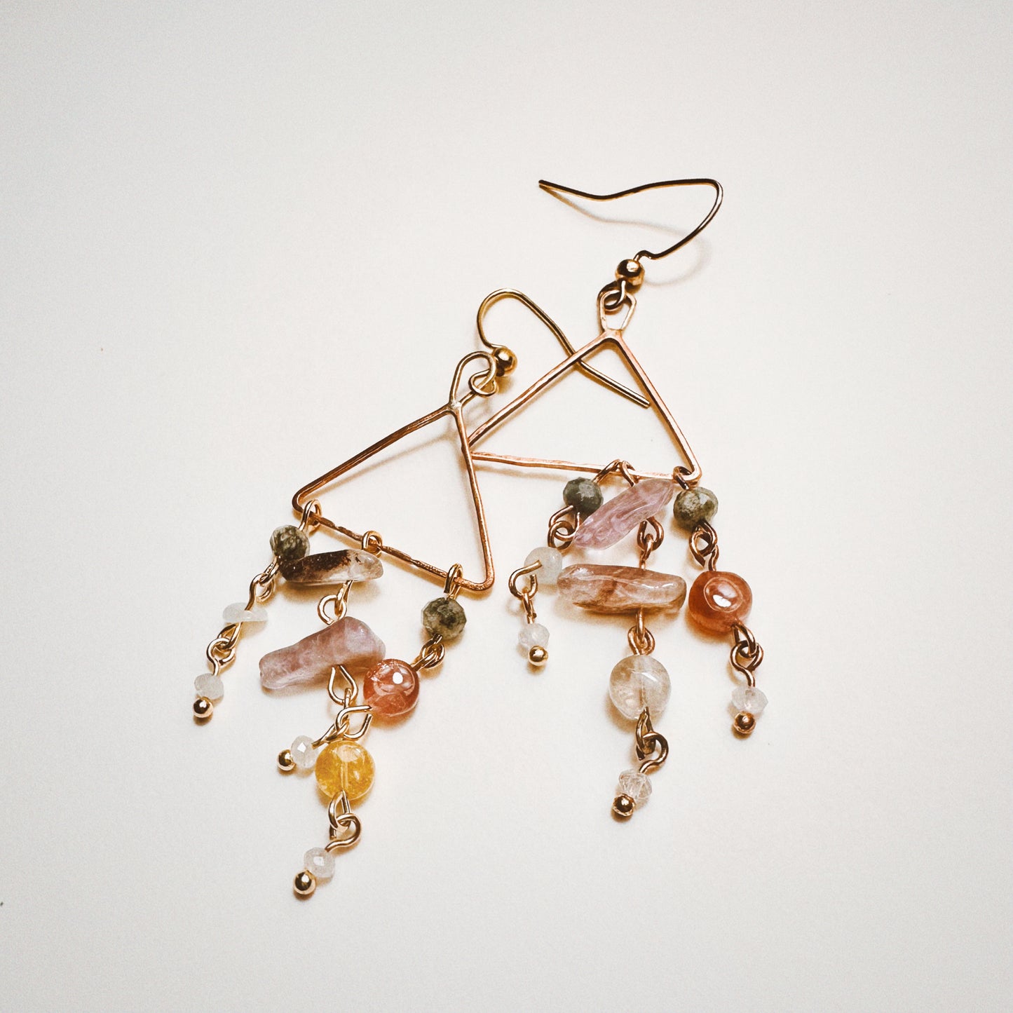 Copper Triangle Dangle Earrings | Tourmaline, Clear Topaz & Super Seven Gemstone Earrings