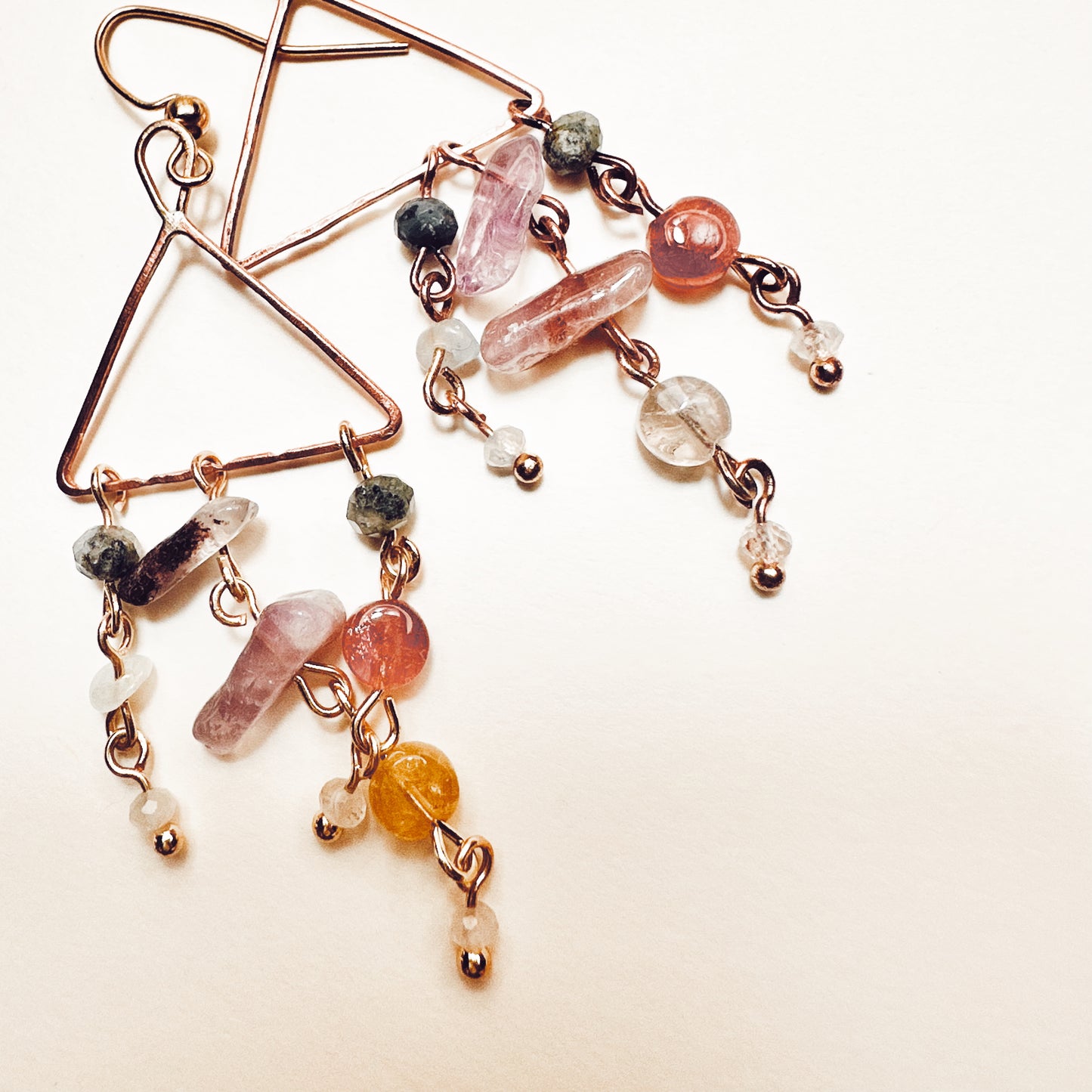 Copper Triangle Dangle Earrings | Tourmaline, Clear Topaz & Super Seven Gemstone Earrings