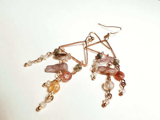 Copper Triangle Dangle Earrings | Tourmaline, Clear Topaz & Super Seven Gemstone Earrings