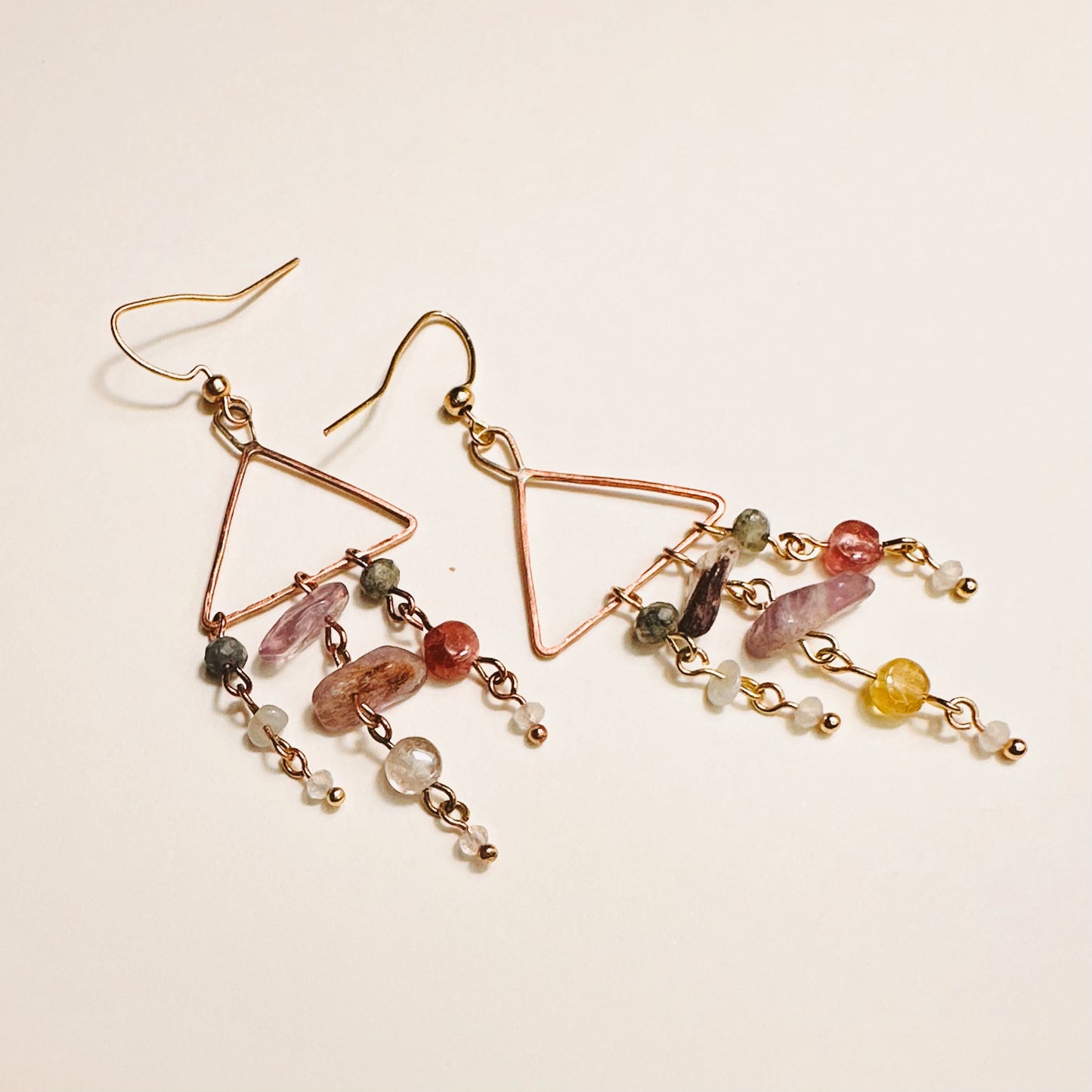 Copper Triangle Dangle Earrings | Tourmaline, Clear Topaz & Super Seven Gemstone Earrings