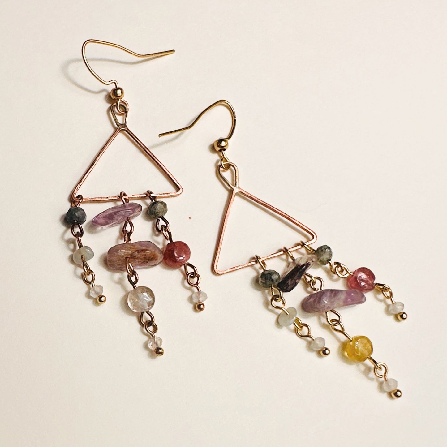 Copper Triangle Dangle Earrings | Tourmaline, Clear Topaz & Super Seven Gemstone Earrings