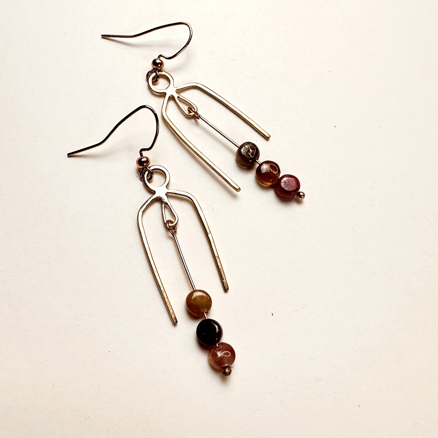 Geometric Nu Gold Brass Tourmaline Dangle Earrings – Handmade Arch Design