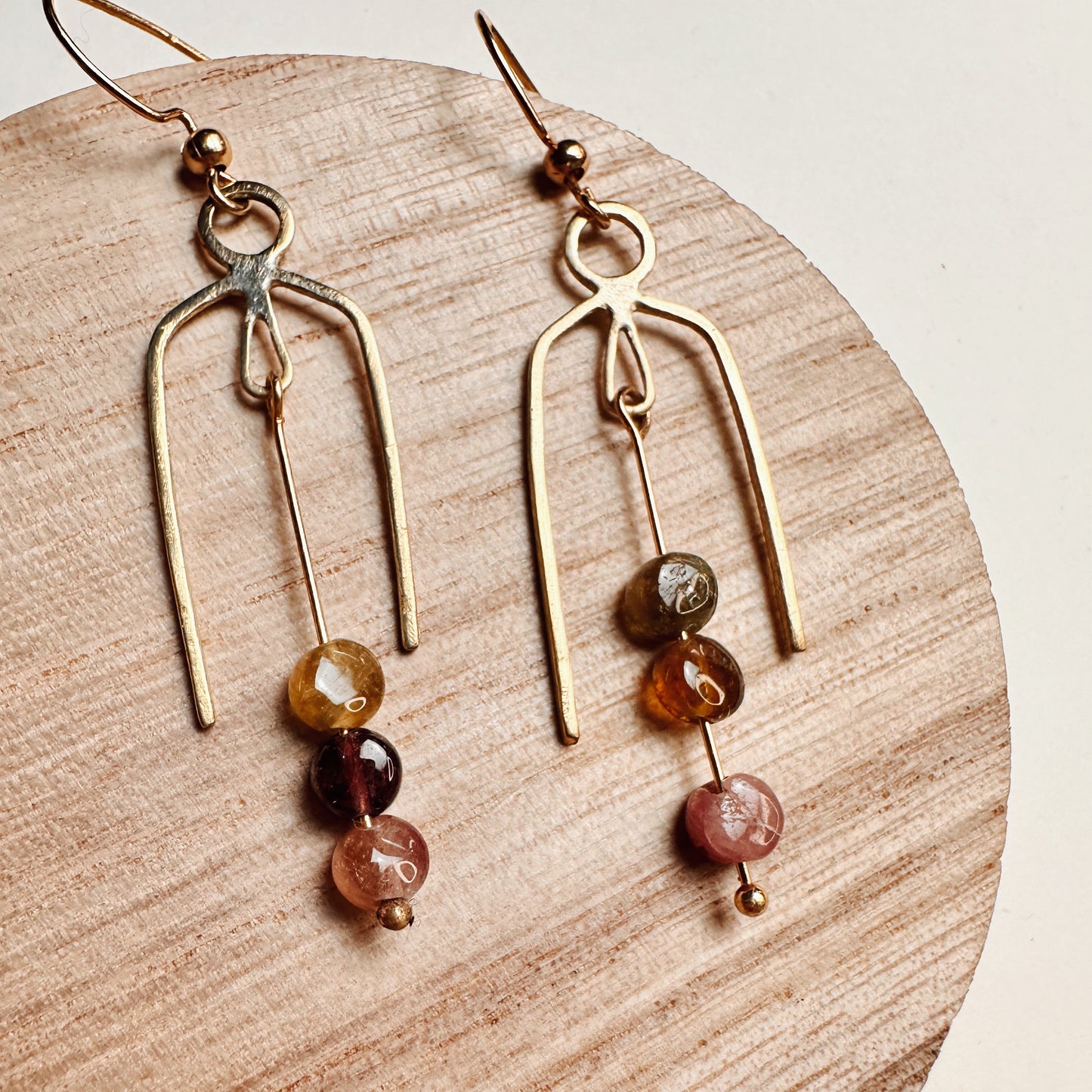Geometric Nu Gold Brass Tourmaline Dangle Earrings – Handmade Arch Design