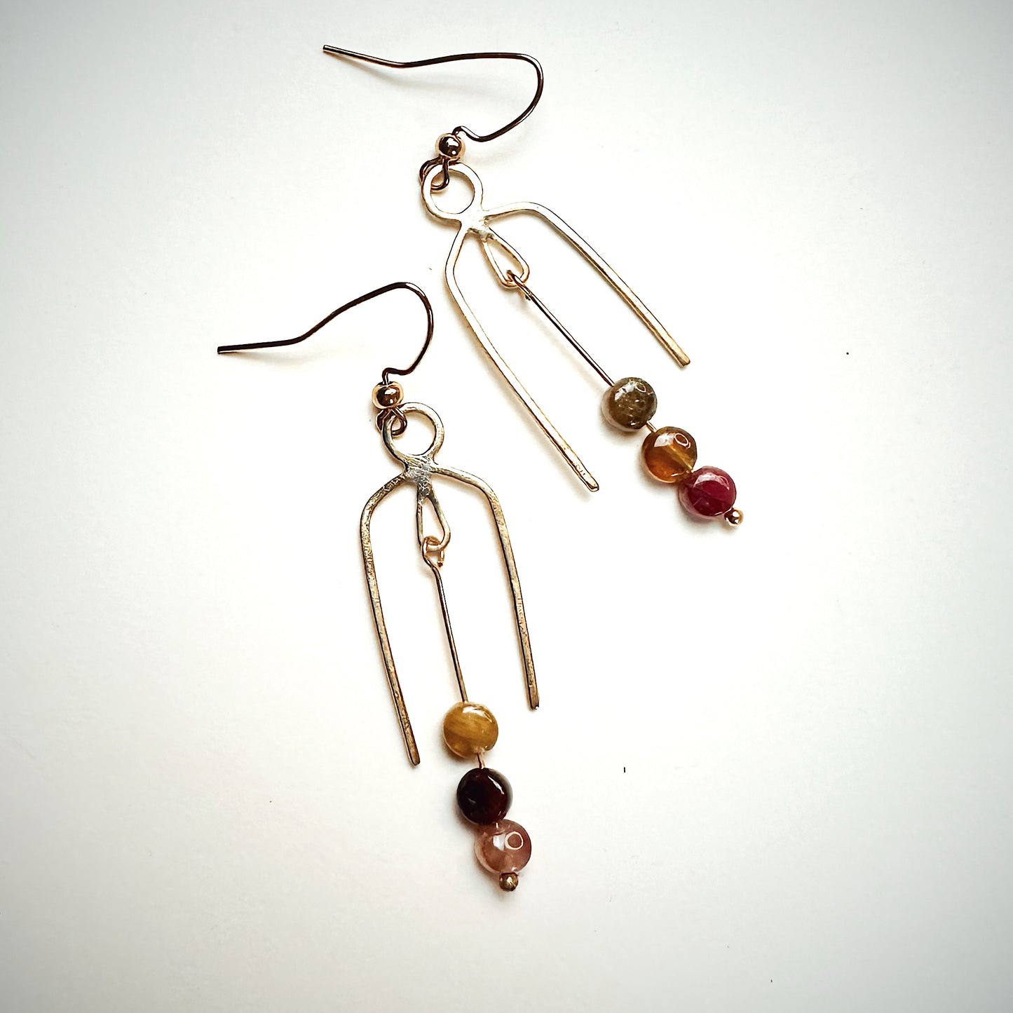 Geometric Nu Gold Brass Tourmaline Dangle Earrings – Handmade Arch Design