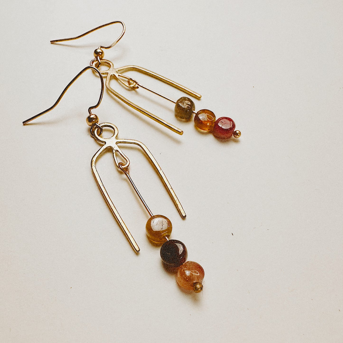 Geometric Nu Gold Brass Tourmaline Dangle Earrings – Handmade Arch Design
