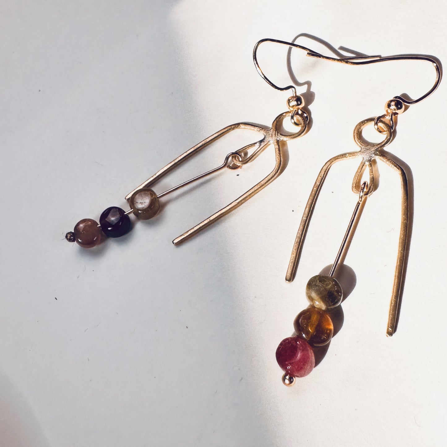 Geometric Nu Gold Brass Tourmaline Dangle Earrings – Handmade Arch Design