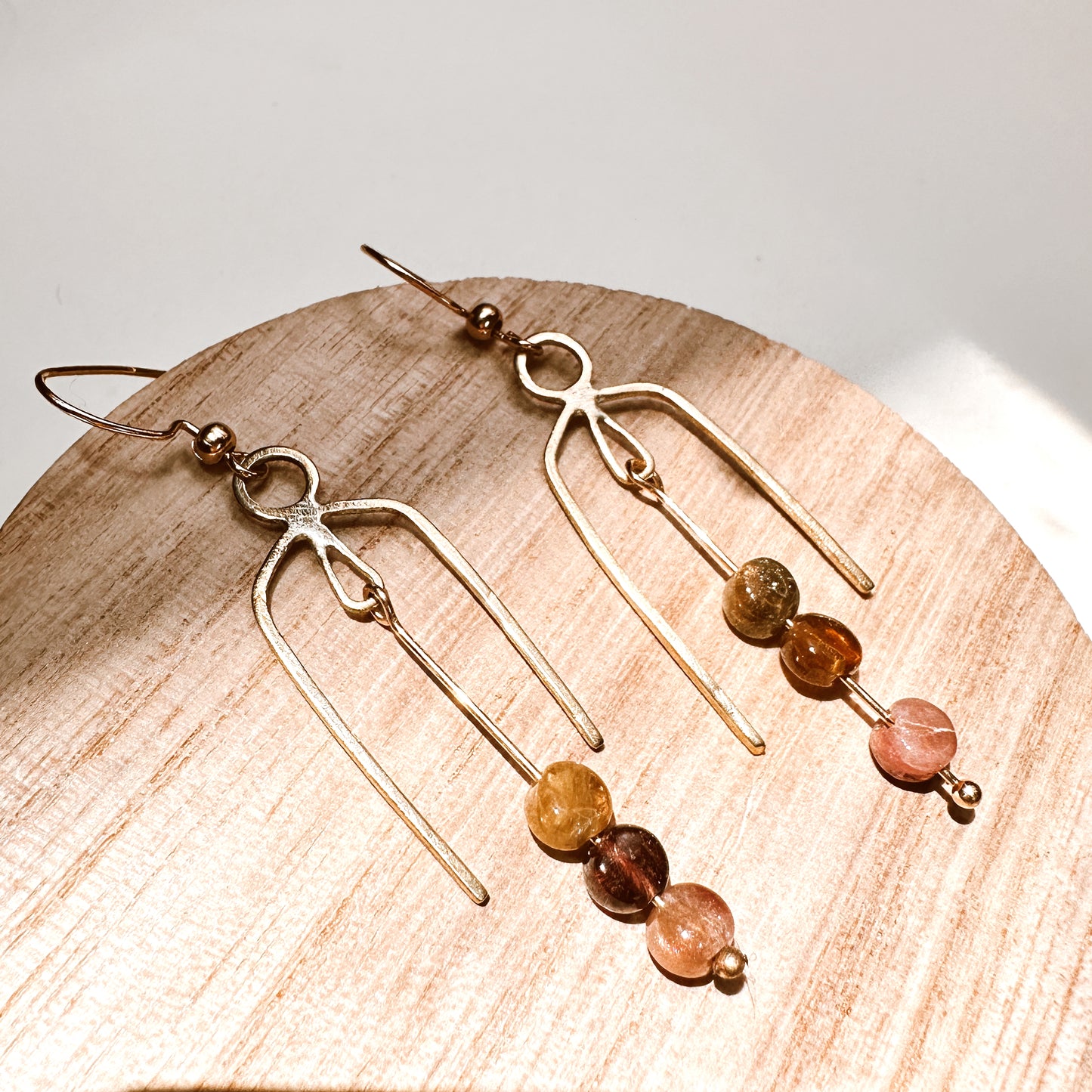 Geometric Nu Gold Brass Tourmaline Dangle Earrings – Handmade Arch Design