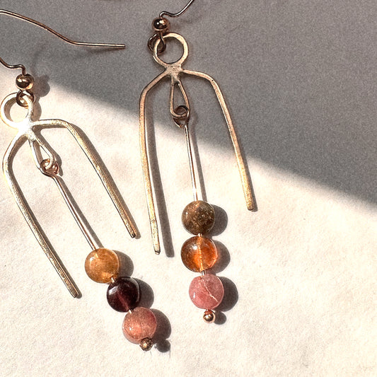 Geometric Nu Gold Brass Tourmaline Dangle Earrings – Handmade Arch Design