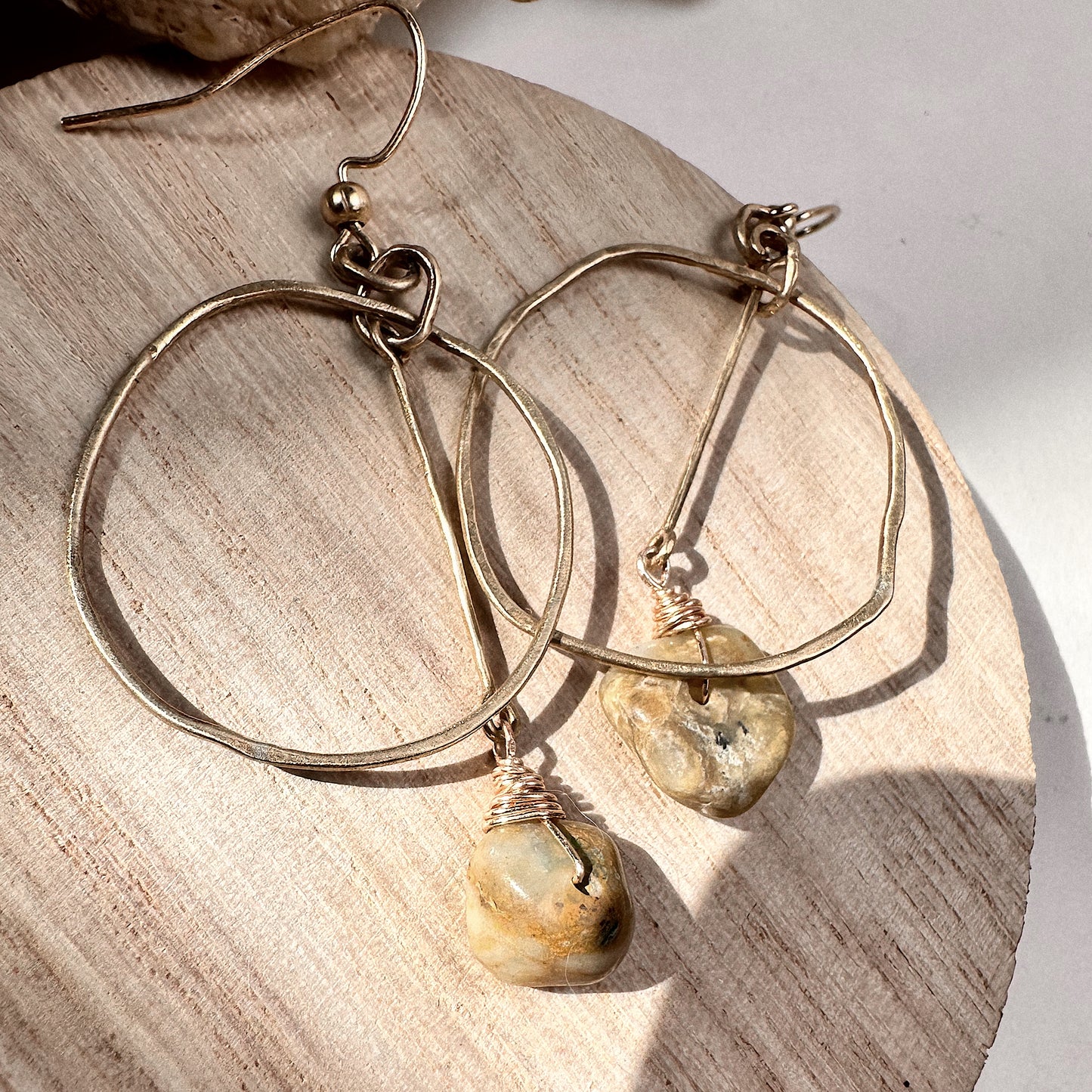 Raw Peruvian Blue Opal Hoop Earrings|Handmade Brass Dangle Jewelry