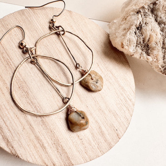 Raw Peruvian Blue Opal Hoop Earrings|Handmade Brass Dangle Jewelry