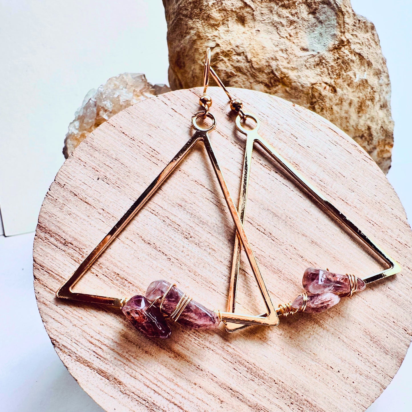 Super Seven Triangle Earrings |Handmade Gemstone Jewelry in Brass