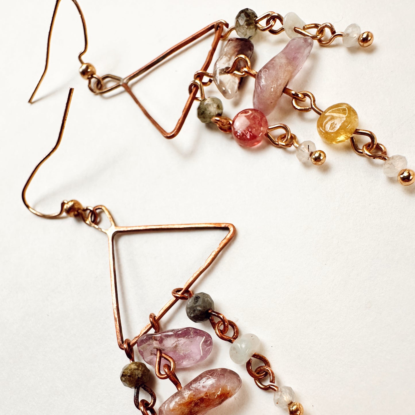 Copper Triangle Dangle Earrings | Tourmaline, Clear Topaz & Super Seven Gemstone Earrings