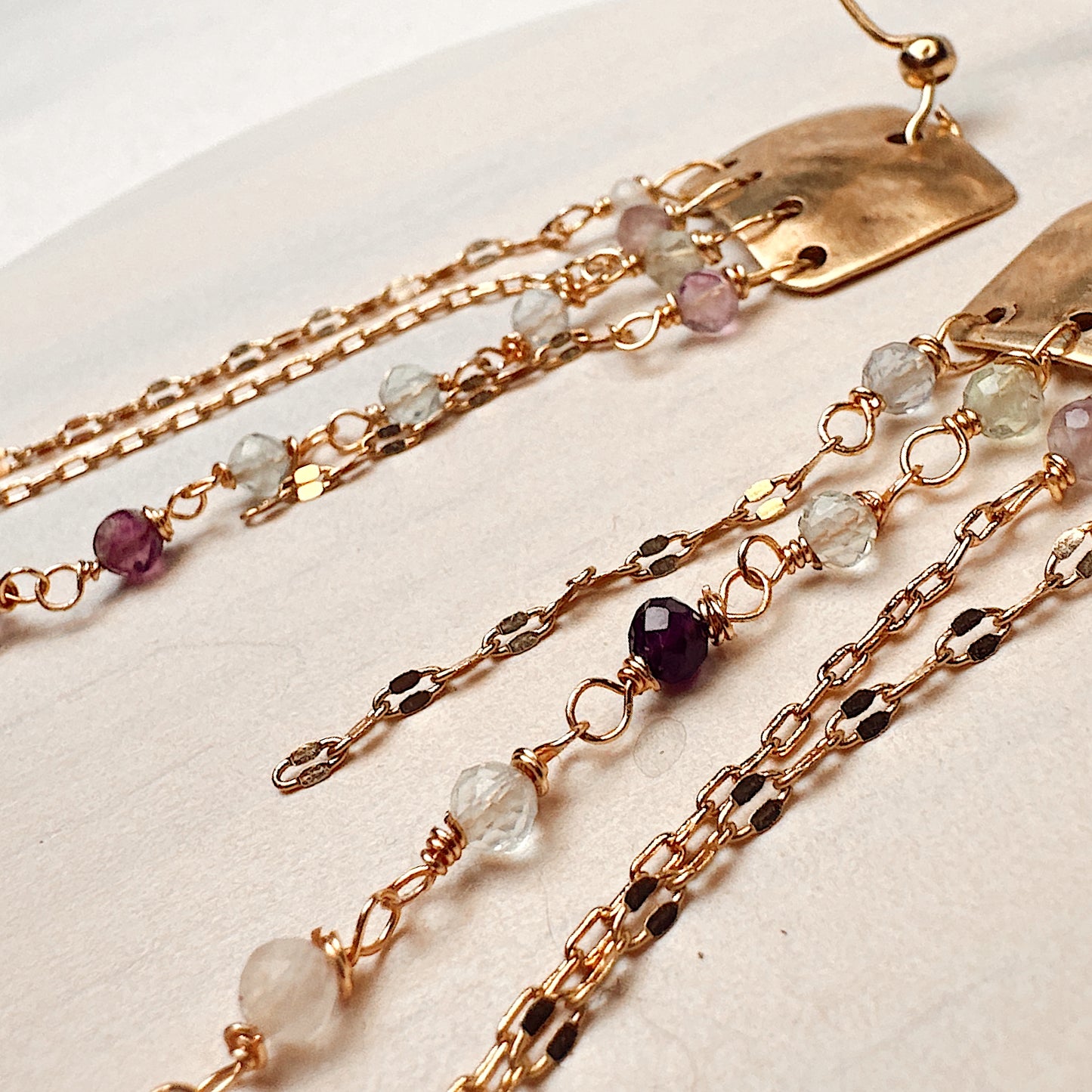 Gold Brass Waterfall Earrings with Fluorite – Handcrafted Dangle Earrings